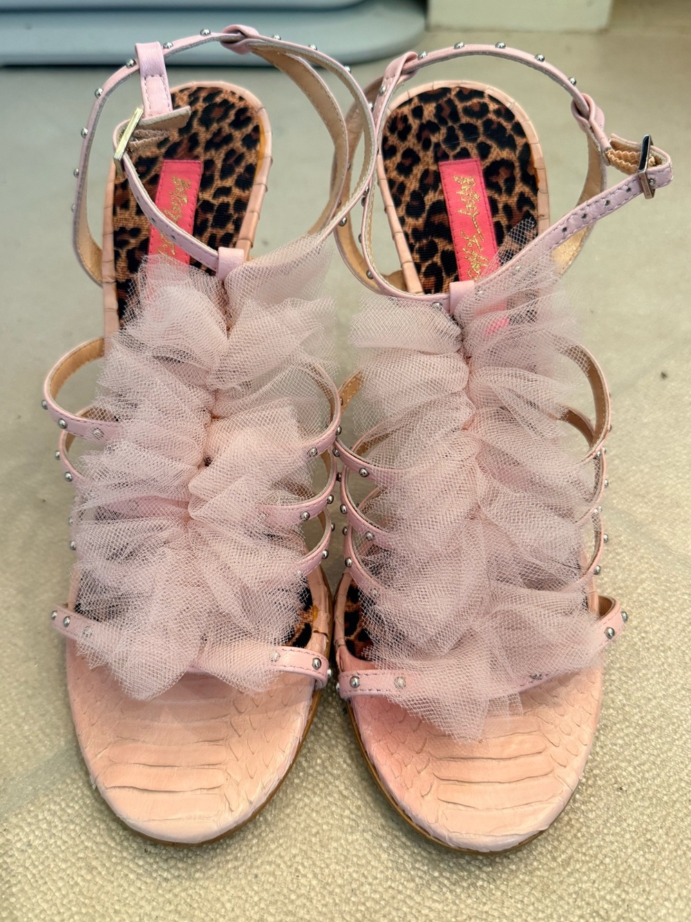 Betsey Johnson Pink Tulle Ruffle Studded Strappy Heels